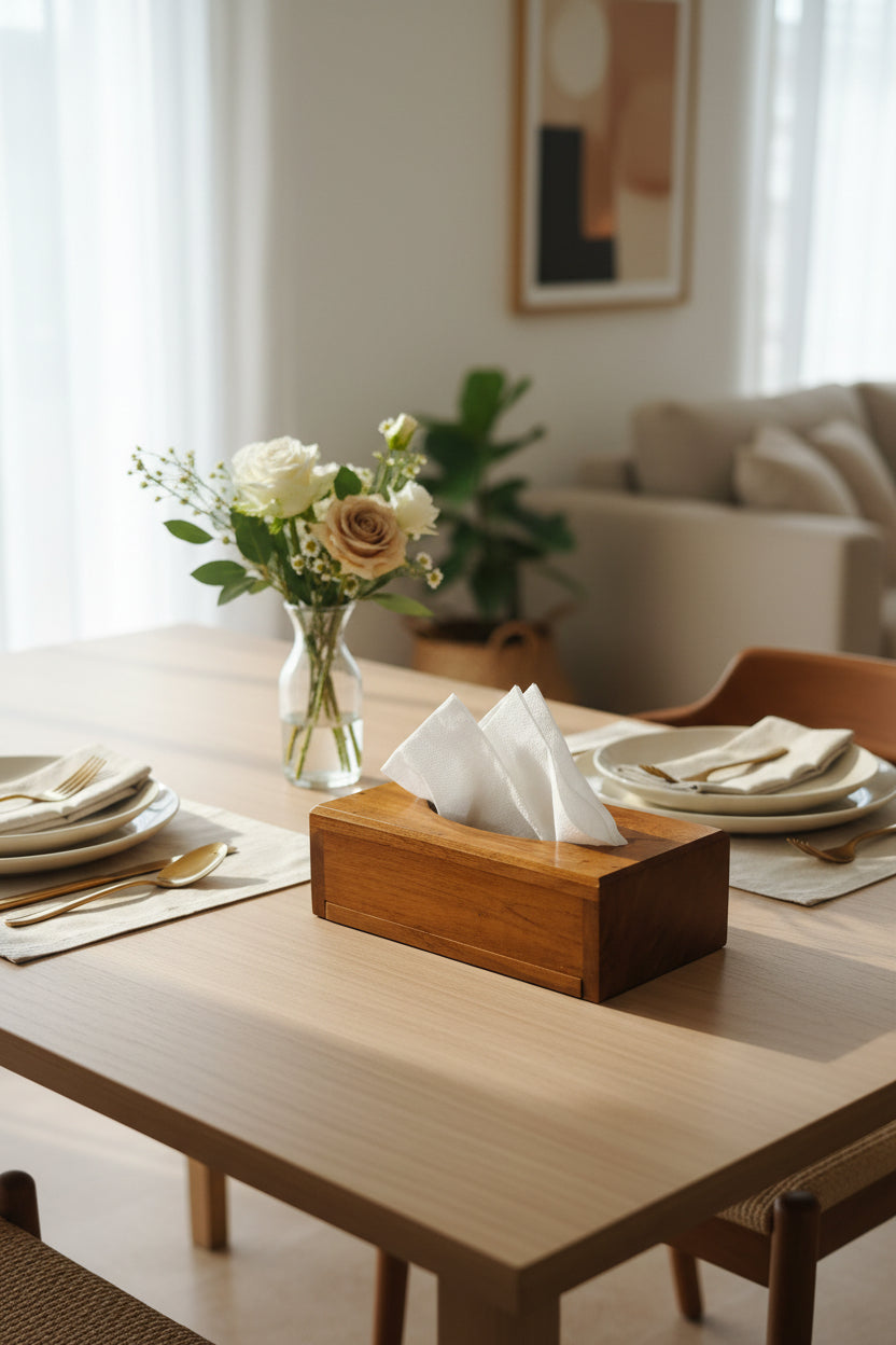 Wooden tissue box on a patterned tablecloth with various items in the background