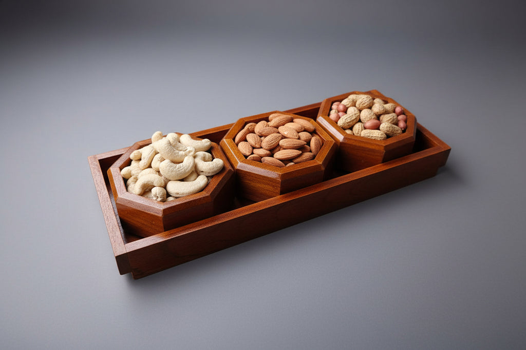 Wooden tray with three compartments filled with different types of nuts on a gray background