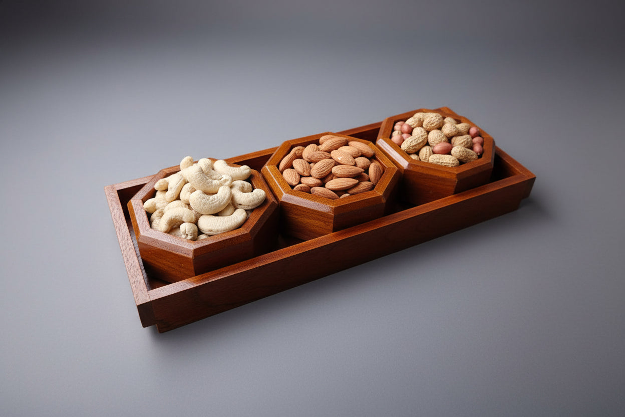 Wooden tray with three compartments filled with different types of nuts on a gray background