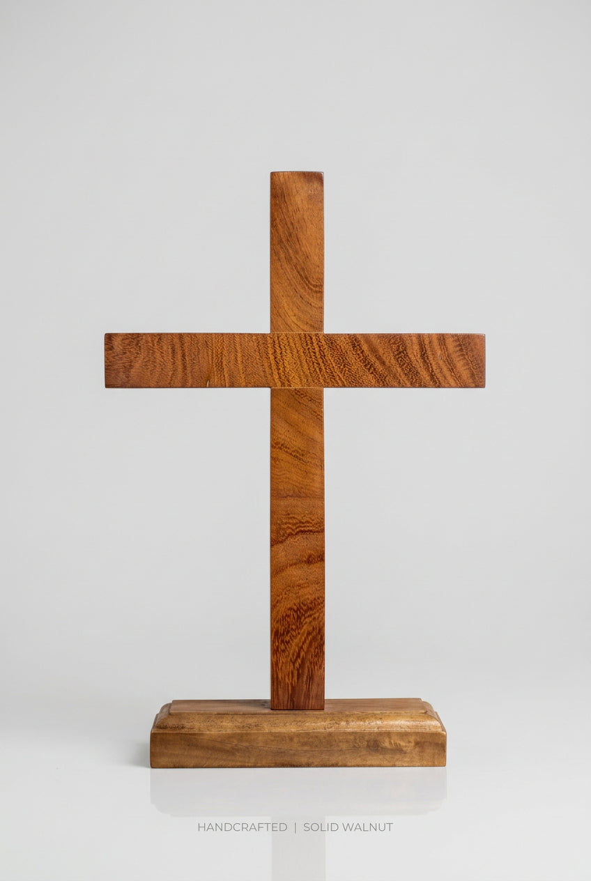 House of Anna Fernandes Hearth Cross, a freestanding handcrafted solid wood tabletop cross with natural grain detail.