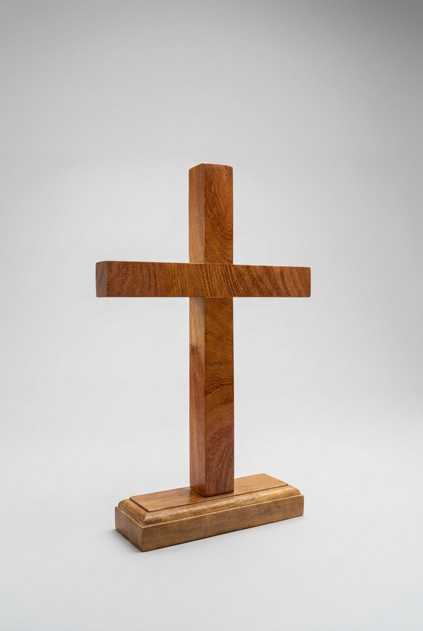House of Anna Fernandes handcrafted solid Jack wood tabletop cross with a natural grain finish and sturdy base.