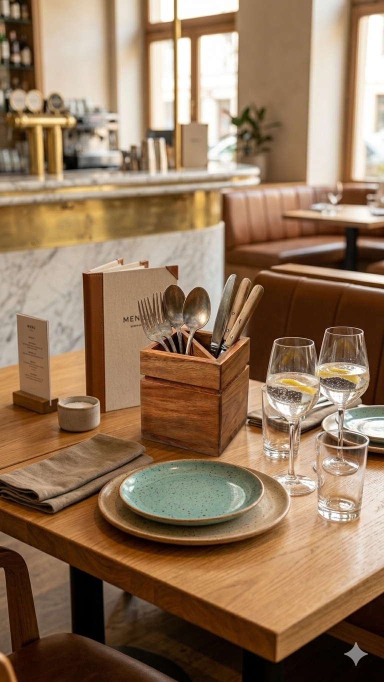 Handcrafted Wooden Cutlery Holder | Dual Compartment Table Organizer